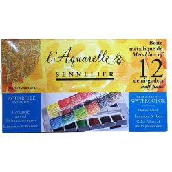 Coffret de poche  en métal de 12 1/2 godets aquarelle au miel - Sennelier