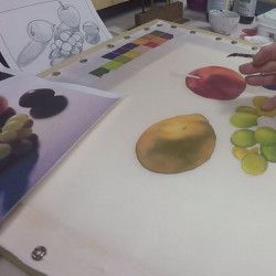 Nature morte en peinture sur soie : Des fruits en aquarelle sur antifusant