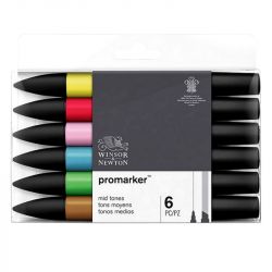 Marqueur Promarker assortiment de 6 tons Moyens - Winsor & Newton