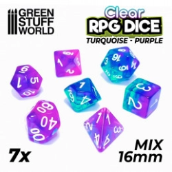 7X MIX 16MM DÉS DE JEU - TURQUOISE/LILAS TRANSPARENT
