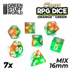 7X MIX 16MM DÉS DE JEU - ORANGE/VERT TRANSPARENT