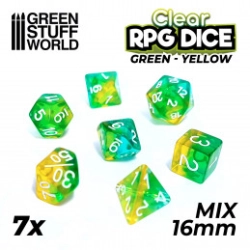 7X MIX 16MM DÉS DE JEU - VERT/JAUNE TRANSPARENT