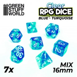 7X MIX 16MM DÉS DE JEU - BLEU/TURQUOISE TRANSPARENT