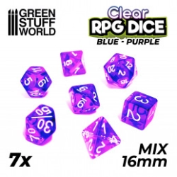 7X MIX 16MM DÉS DE JEU - BLEU/LILAS TRANSPARENT