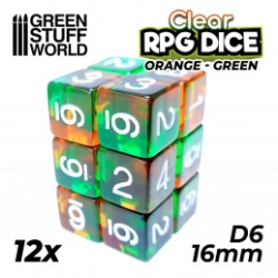 12X D6 16MM DÉS DE JEU - ORANGE/VERT TRANSPARENT