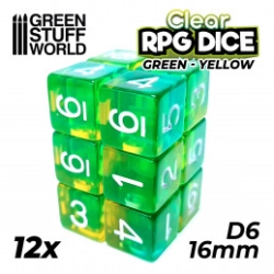 12X D6 16MM DÉS DE JEU - VERT/JAUNE TRANSPARENT