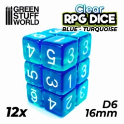 12X D6 16MM DÉS DE JEU - BLEU/TURQUOISE TRANSPARENT