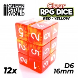 12X D6 16MM DÉS DE JEU - ROUGE/JAUNE TRANSPARENT