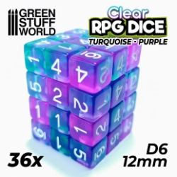 36X D6 12MM DÉS DE JEU - TURQUOISE/LILAS TRANSPARENT