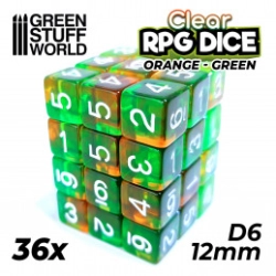 36X D6 12MM DÉS DE JEU - ORANGE/VERT TRANSPARENT