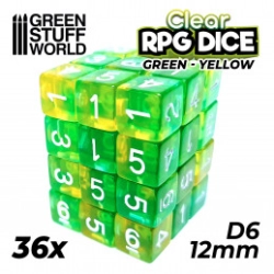 36X D6 12MM DÉS DE JEU - VERT/JAUNE TRANSPARENT