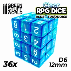 36X D6 12MM DÉS DE JEU - BLEU/TURQUOISE TRANSPARENT