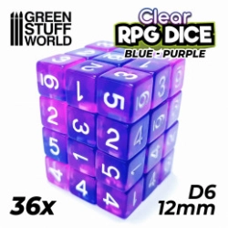 36X D6 12MM DÉS DE JEU - BLEU/LILAS TRANSPARENT