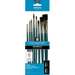 Set de 8 Pinceaux Aquarelle 4 ronds et 4 plats imitation petit gris - Pébéo
