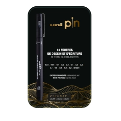 Coffret métallique de 14 Feutres calibrés assortis Uni-Pin - Uni-Ball 