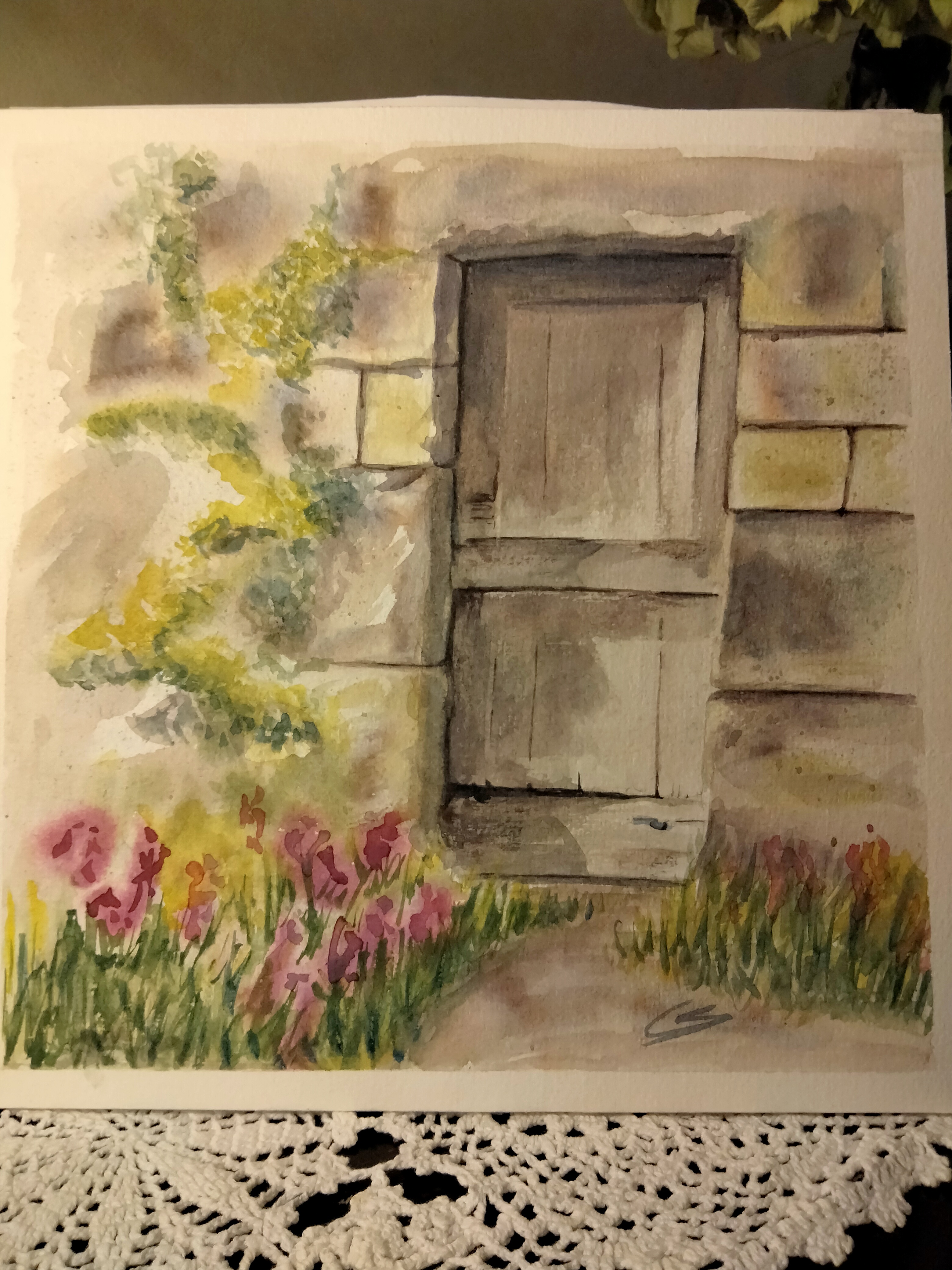 Une vieille porte à l'aquarelle de Sylvie le 15 octobre 2022