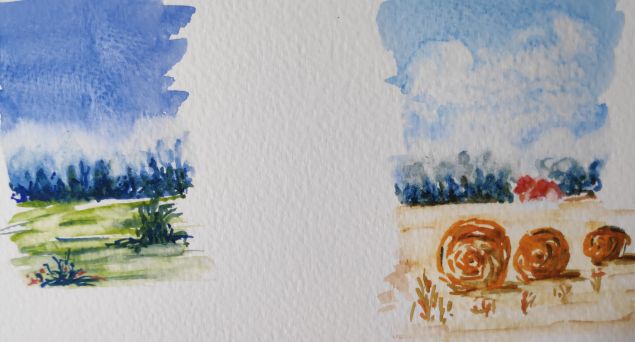 Exercice de Lavis avec deux petits paysages de Mireille le 27 octobre 2022