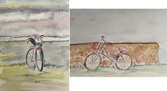 Un vélo abandonné dans un écrin à l'aquarelle de Manuela le 18 novembre 2022