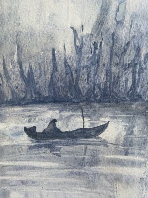 Une barque dans la brume à l'aquarelle de Manuela le 28 novembre 2022