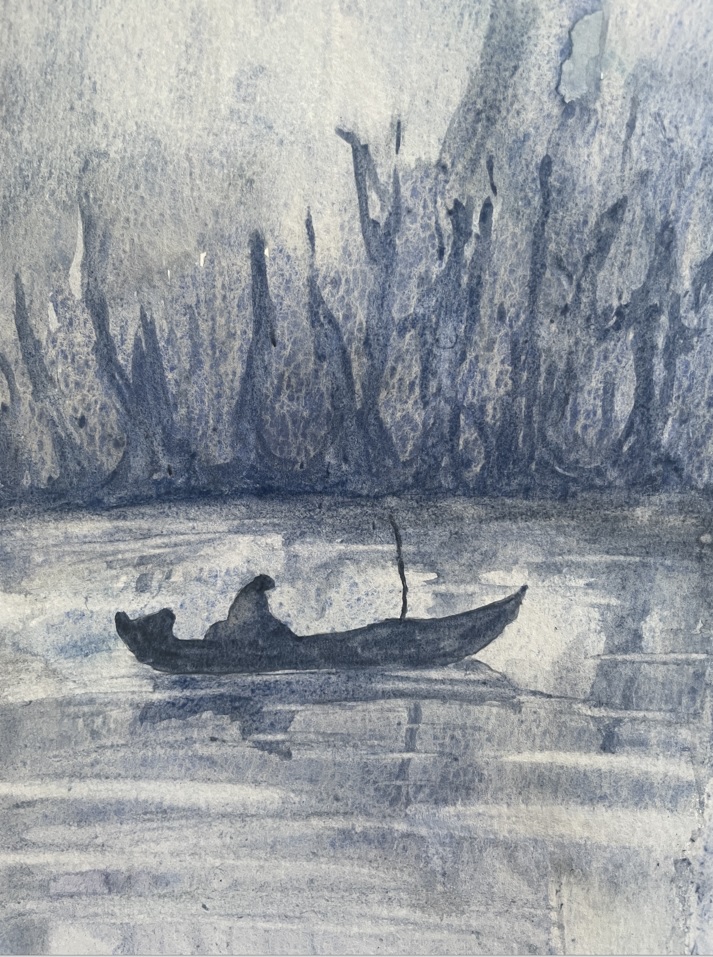 Une barque dans la brume à l'aquarelle de Manuela le 28 novembre 2022