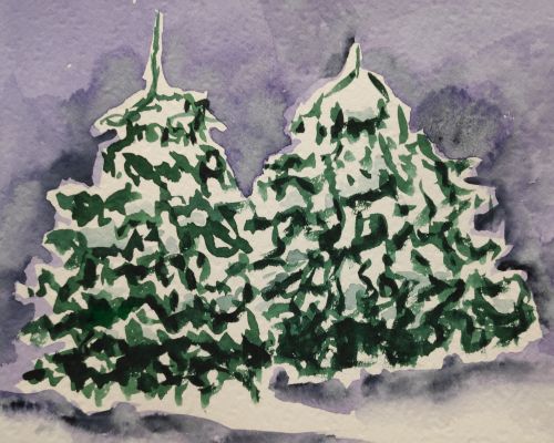 Un sapin sous la neige à l'aquarelle de Mireille le 28 novembre 2022