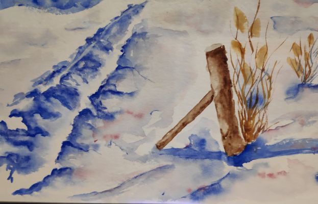 Un chemin dans la neige en Aquarelle de Mireille le 04 décembre 2022