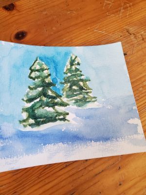 Un sapin sous la neige à l'aquarelle de Nathalie le 14 février 2023