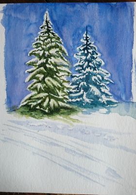 Un sapin sous la neige à l'aquarelle de Ghislaine le 28 février 2023