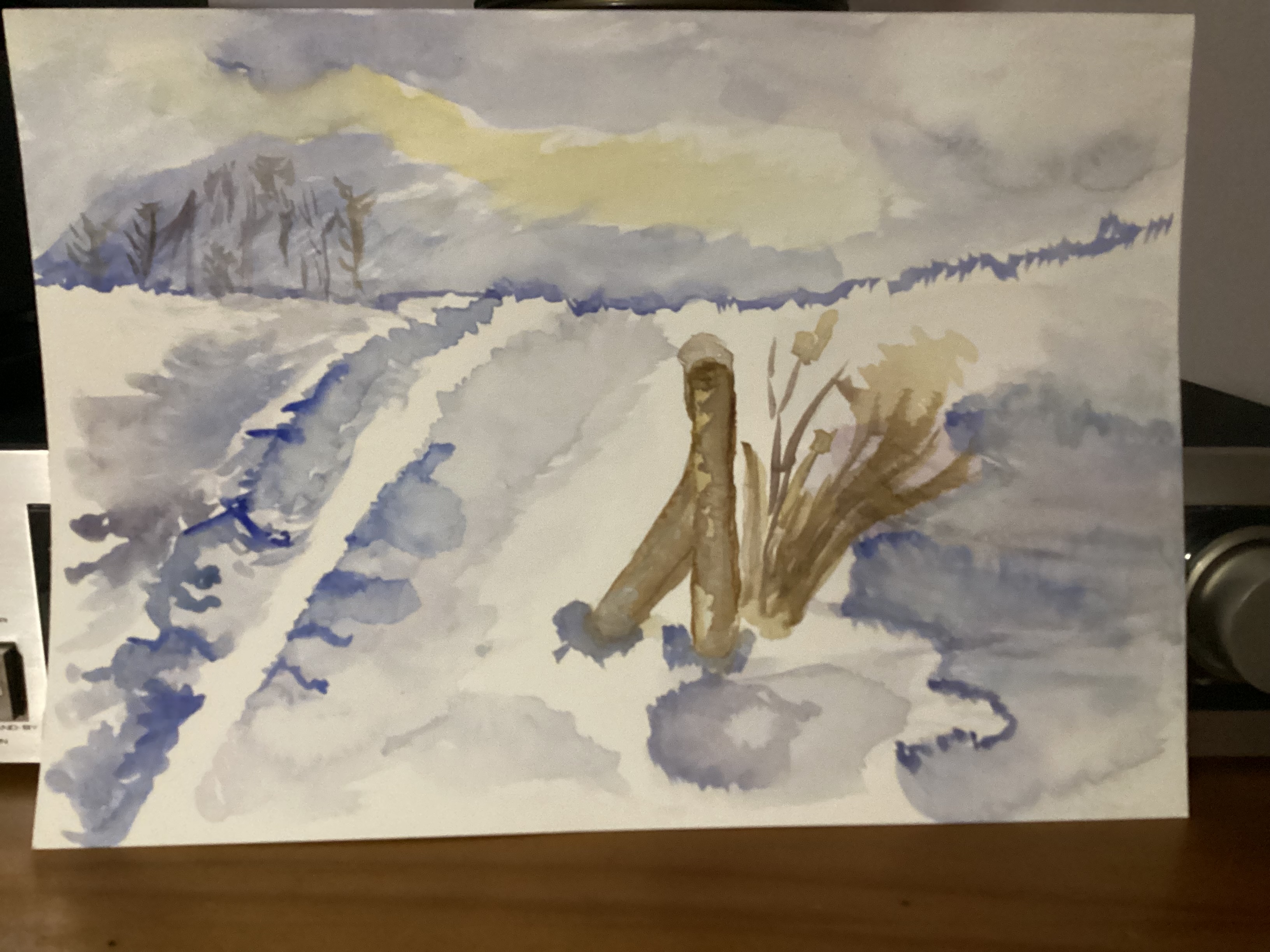 Un chemin dans la neige en Aquarelle de Marguerite le 04 février 2024