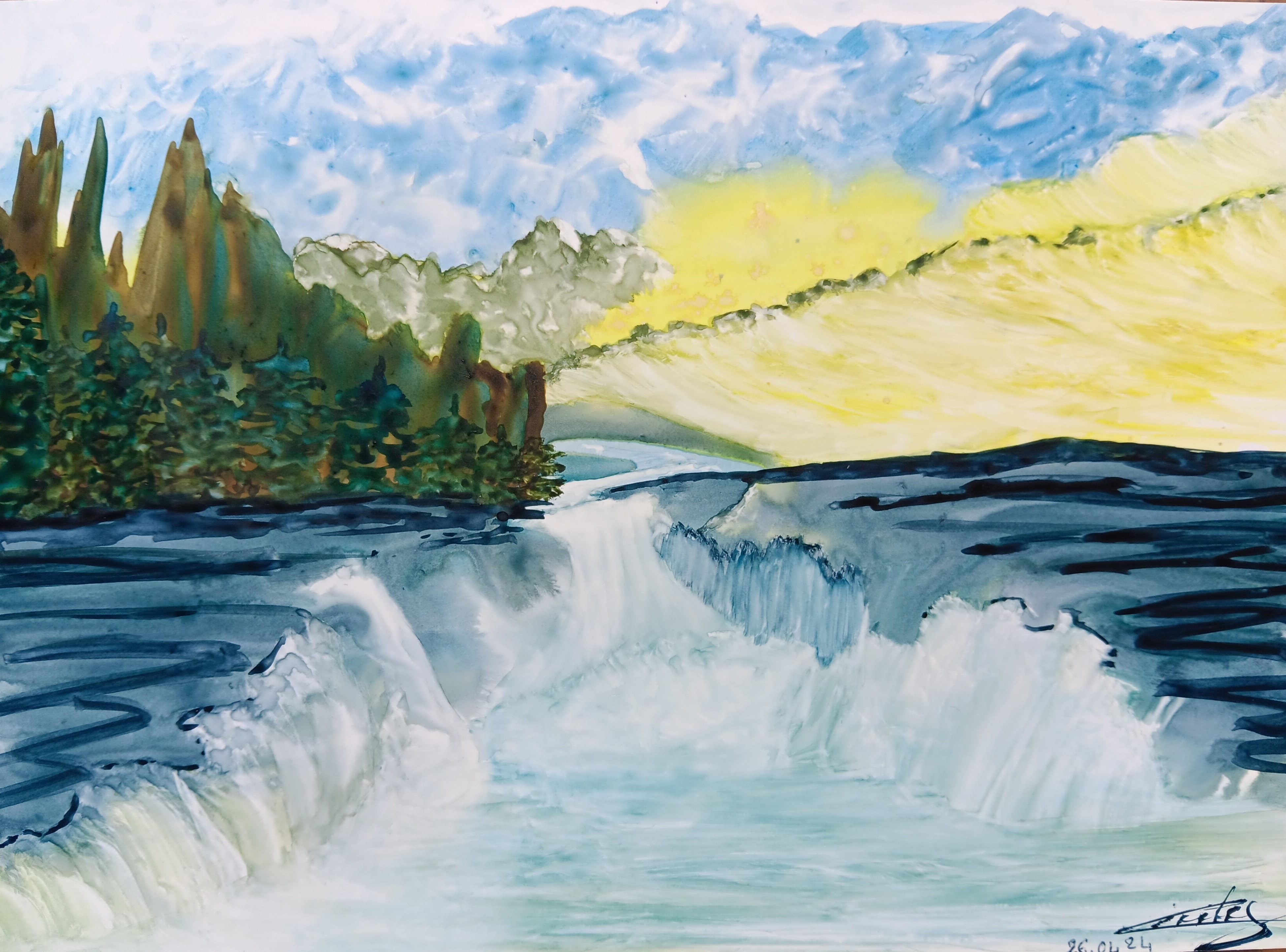 Application au papier Yupo : Un paysage imaginaire de Cécile le 26 avril 2024