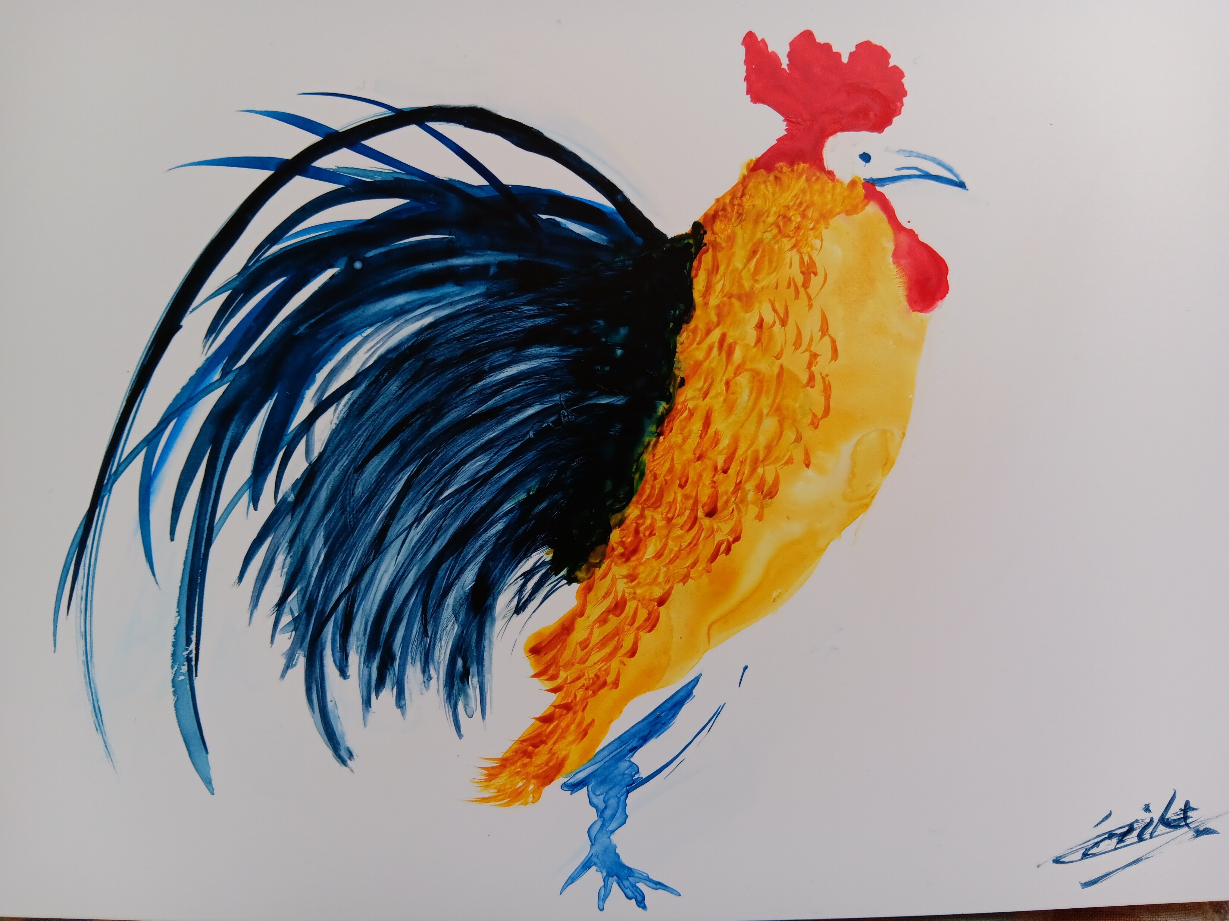 Application au papier Yupo Un coq de Cécile le 02 mai 2024