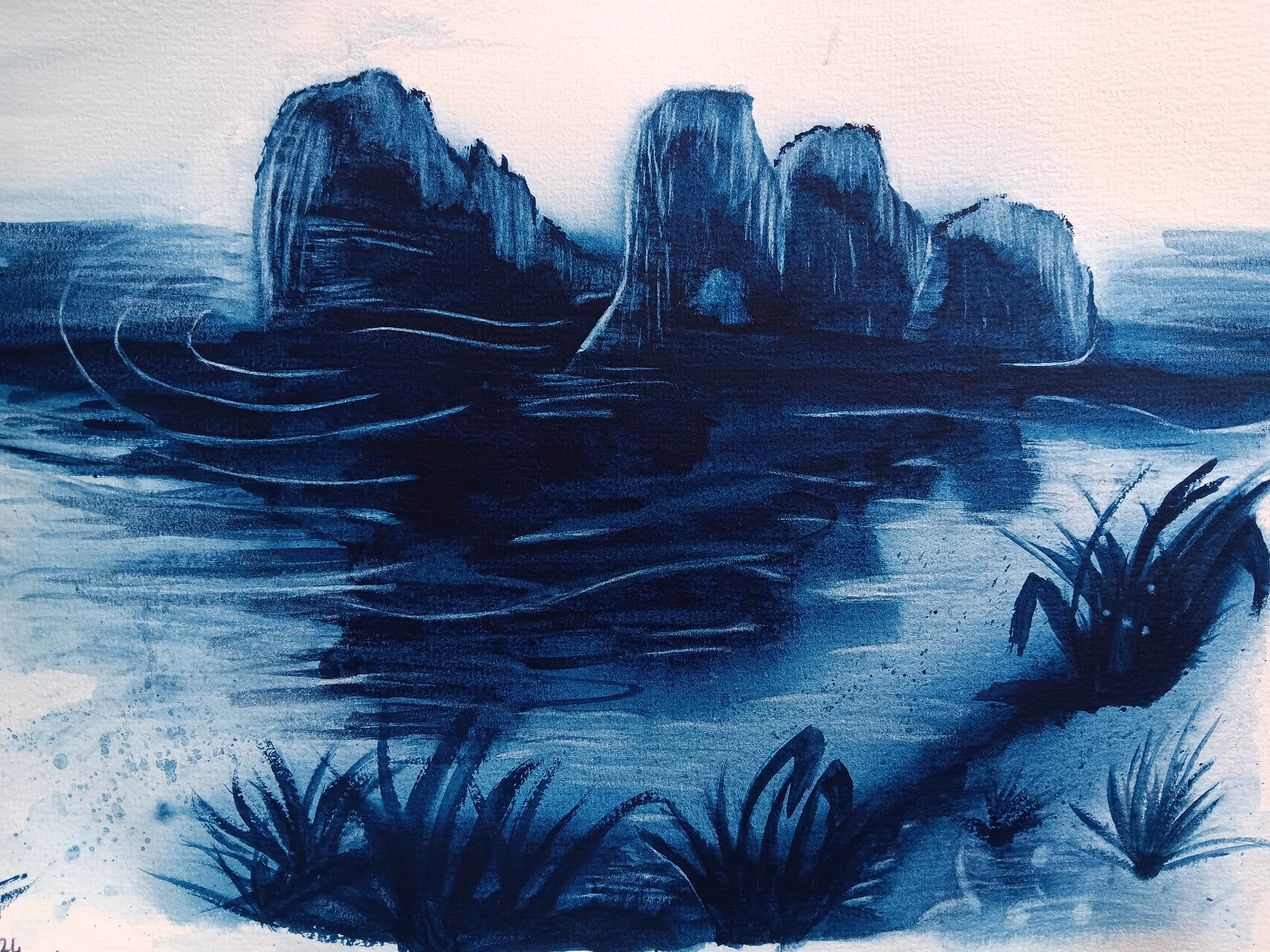 Aquarelle de bord de mer monochrome bleu de Cécile le 02 mai 2024