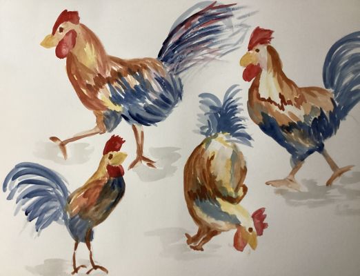 Un coq à l'aquarelle dans tous ses états de Marguerite le 09 octobre 2024