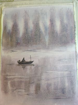 Une barque dans la brume à l'aquarelle de Françoise le 10 octobre 2024